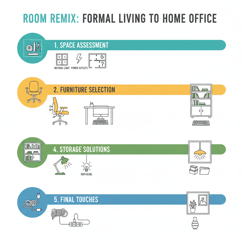 Infographic showing the step-by-step process for converting a formal living room into a home office, including space assessment with measurement icons, furniture selection showing desk and ergonomic chair options, storage solutions with vertical shelving and closed cabinets, lighting layers with task and ambient fixtures, and final touches with cable management and decor integration - converting formal living room into office infographic 