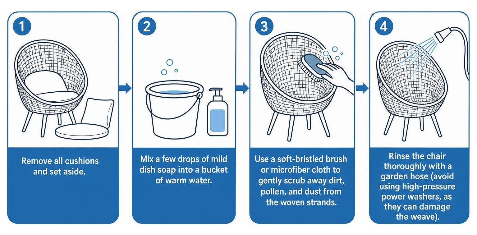 Process diagram showing how to clean and care for a synthetic wicker basket chair Process diagram showing how to clean and care for a synthetic wicker basket chair