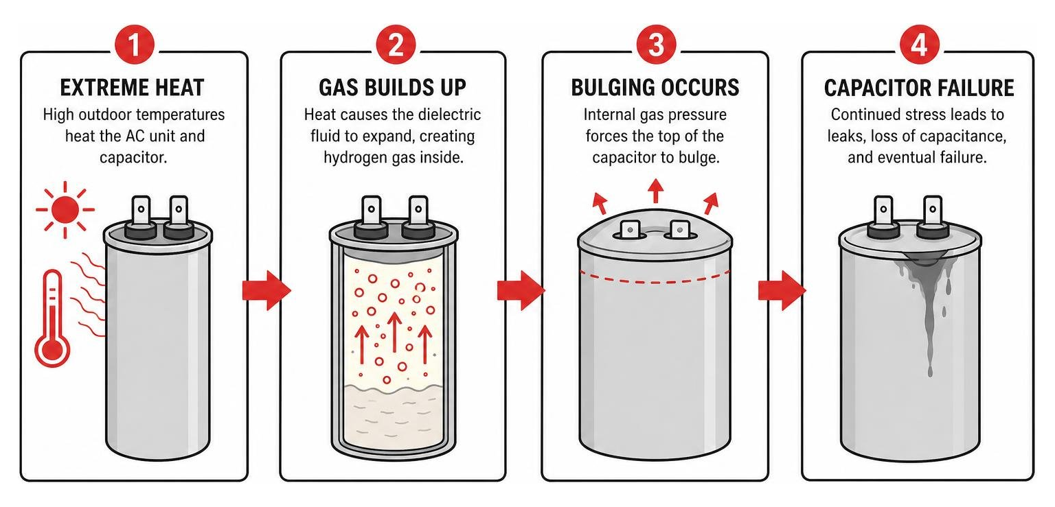 Diagram showing how extreme heat leads to gas buildup, bulging, and capacitor failure Diagram showing how extreme heat leads to gas buildup, bulging, and capacitor failure
