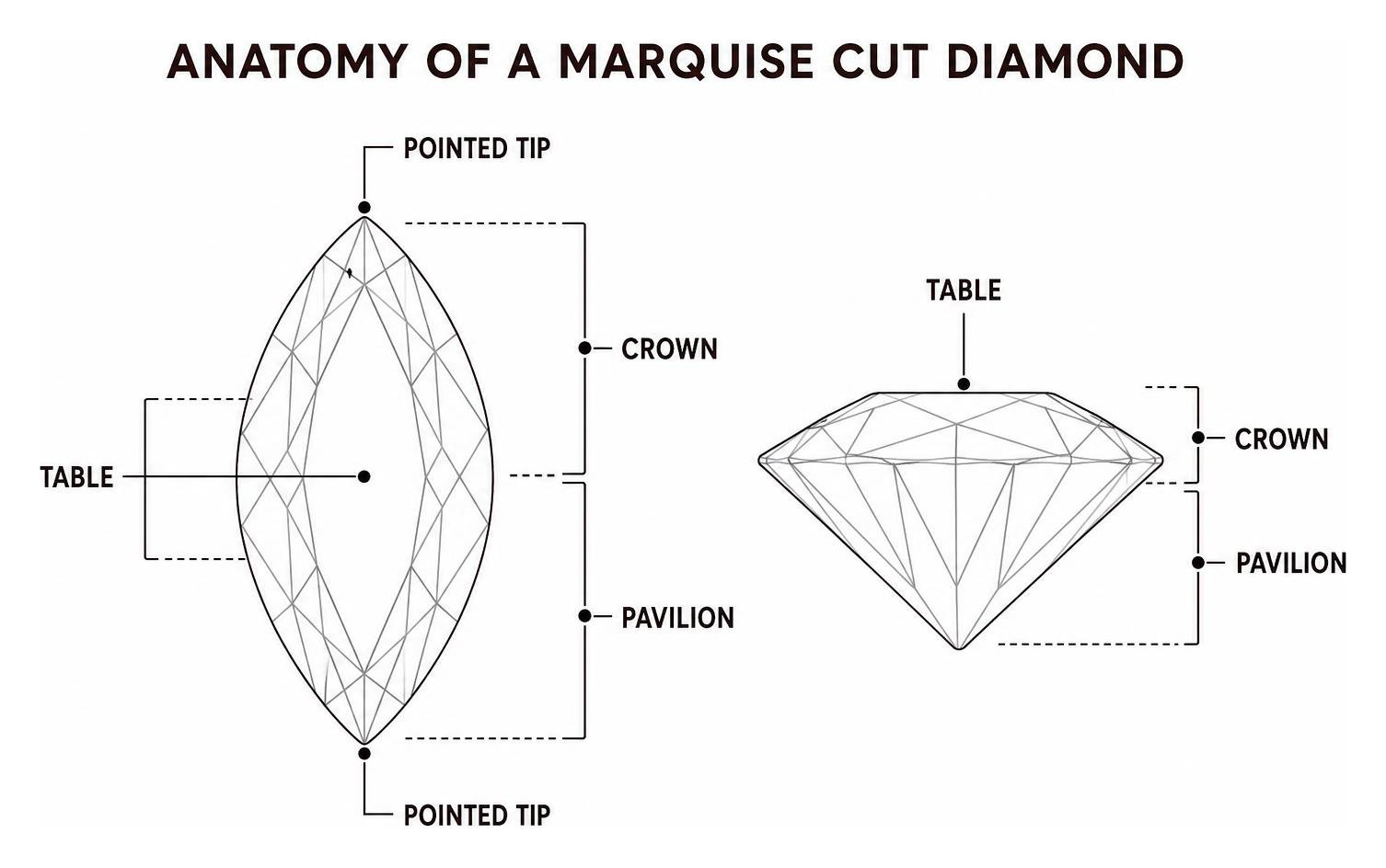 Anatomy of a marquise cut diamond showing table crown pavilion and pointed tips Anatomy of a marquise cut diamond showing table crown pavilion and pointed tips