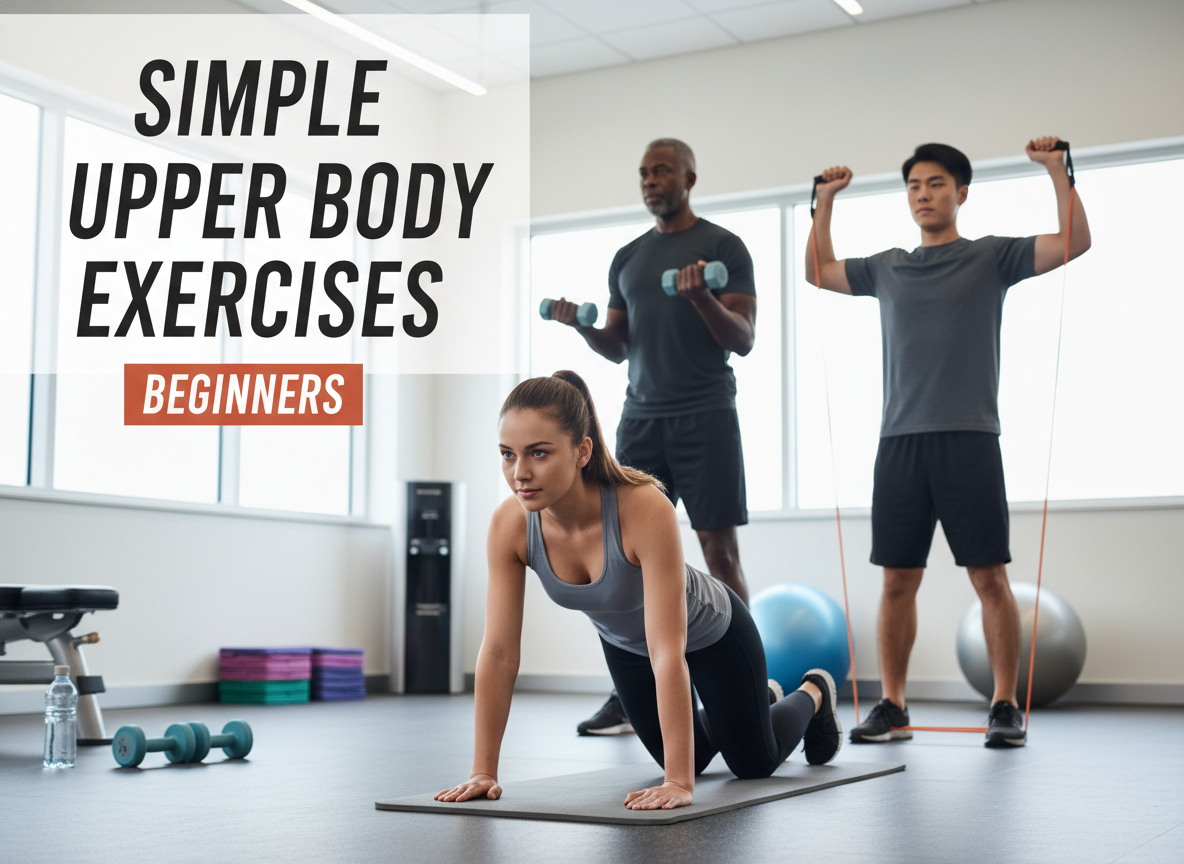 beginner performing various upper body exercise positions with dumbbells and bodyweight - simple upper body exercises