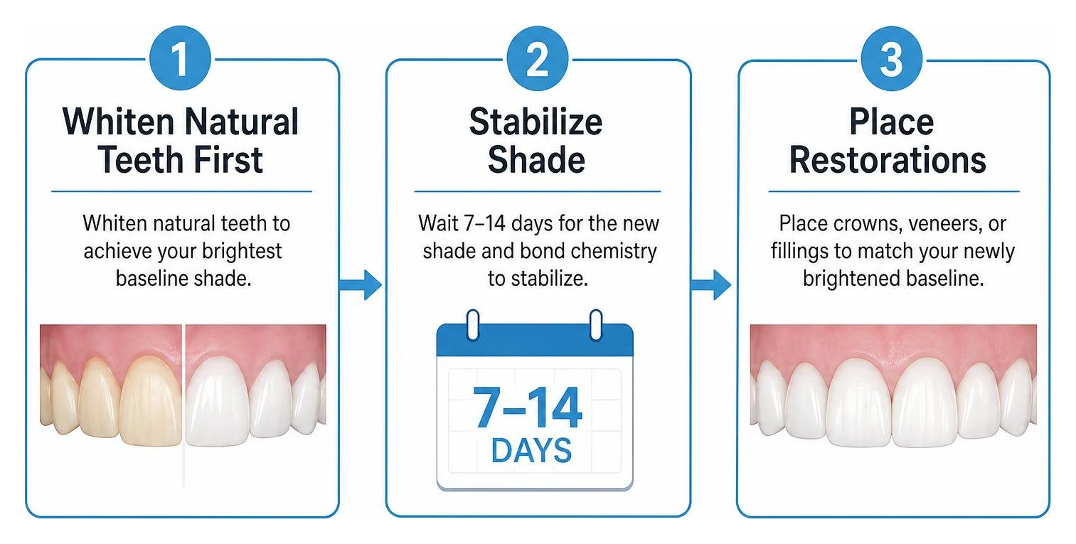 Sequencing diagram: whitening natural teeth first, stabilizing shade, then placing restorations Sequencing diagram: whitening natural teeth first, stabilizing shade, then placing restorations