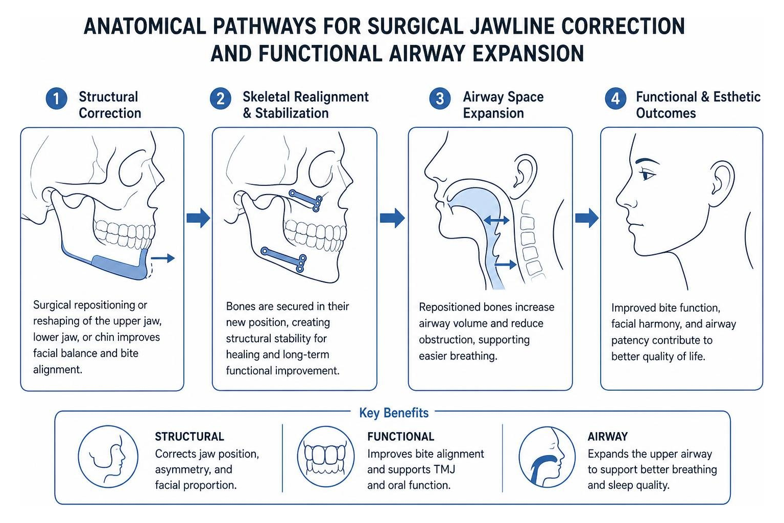 Anatomical pathways for surgical jawline correction and functional airway expansion