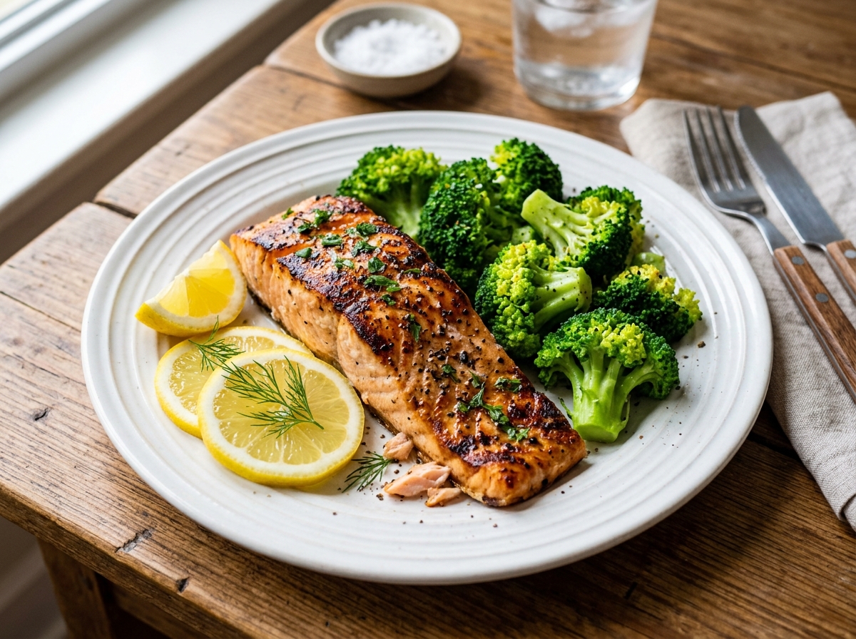 Grilled salmon with vibrant steamed broccoli and lemon slices - 5-ingredient recipes for weight loss