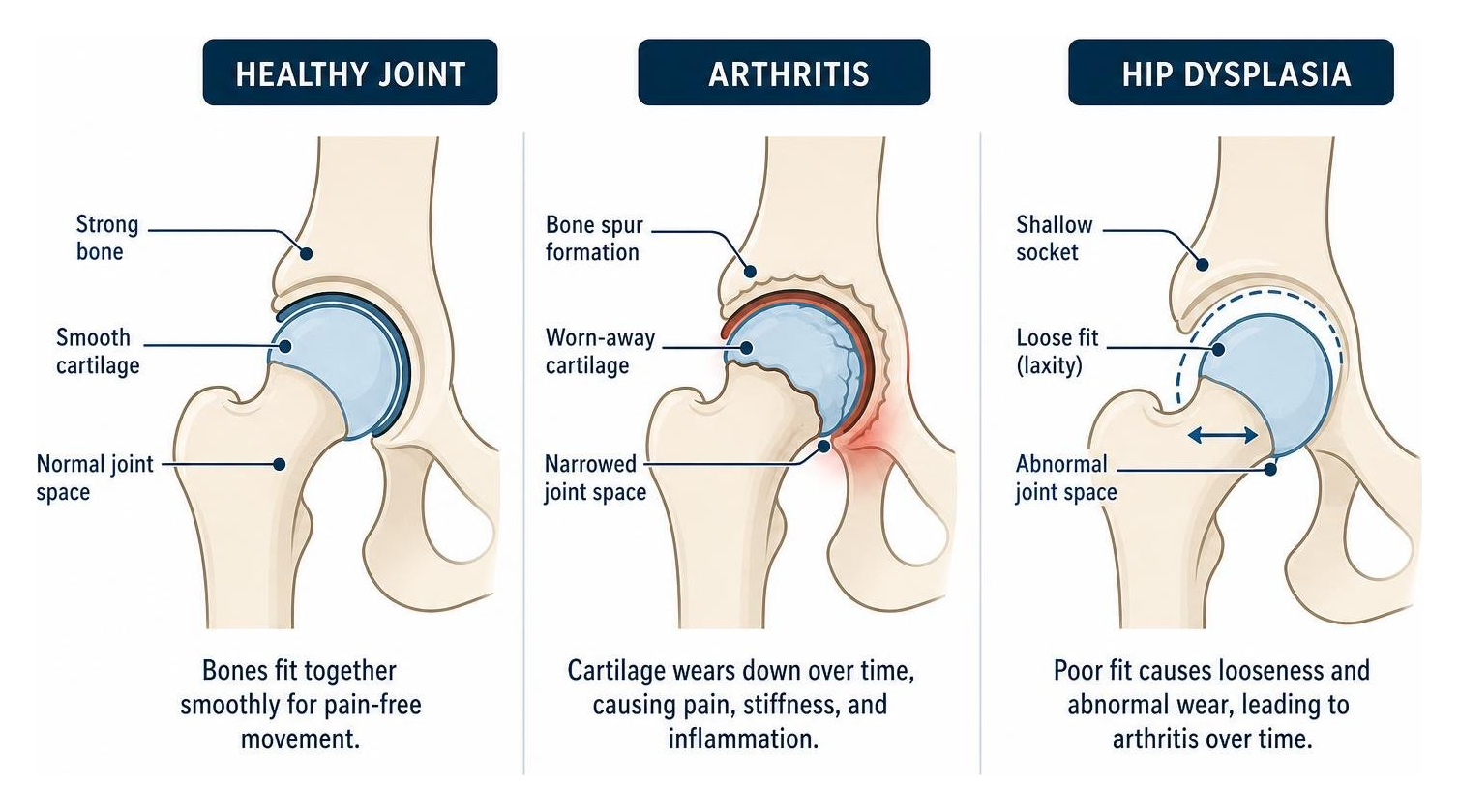 The structural difference between a healthy joint, arthritis, and hip dysplasia
