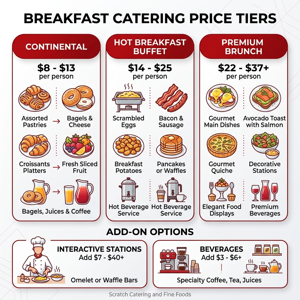 Breakfast catering price tiers infographic from continental to premium brunch - breakfast catering prices infographic 