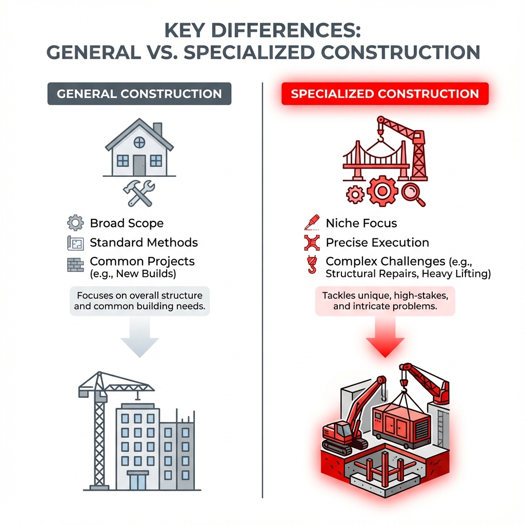 Key Differences: General vs. Specialized Construction - specialized construction services infographic