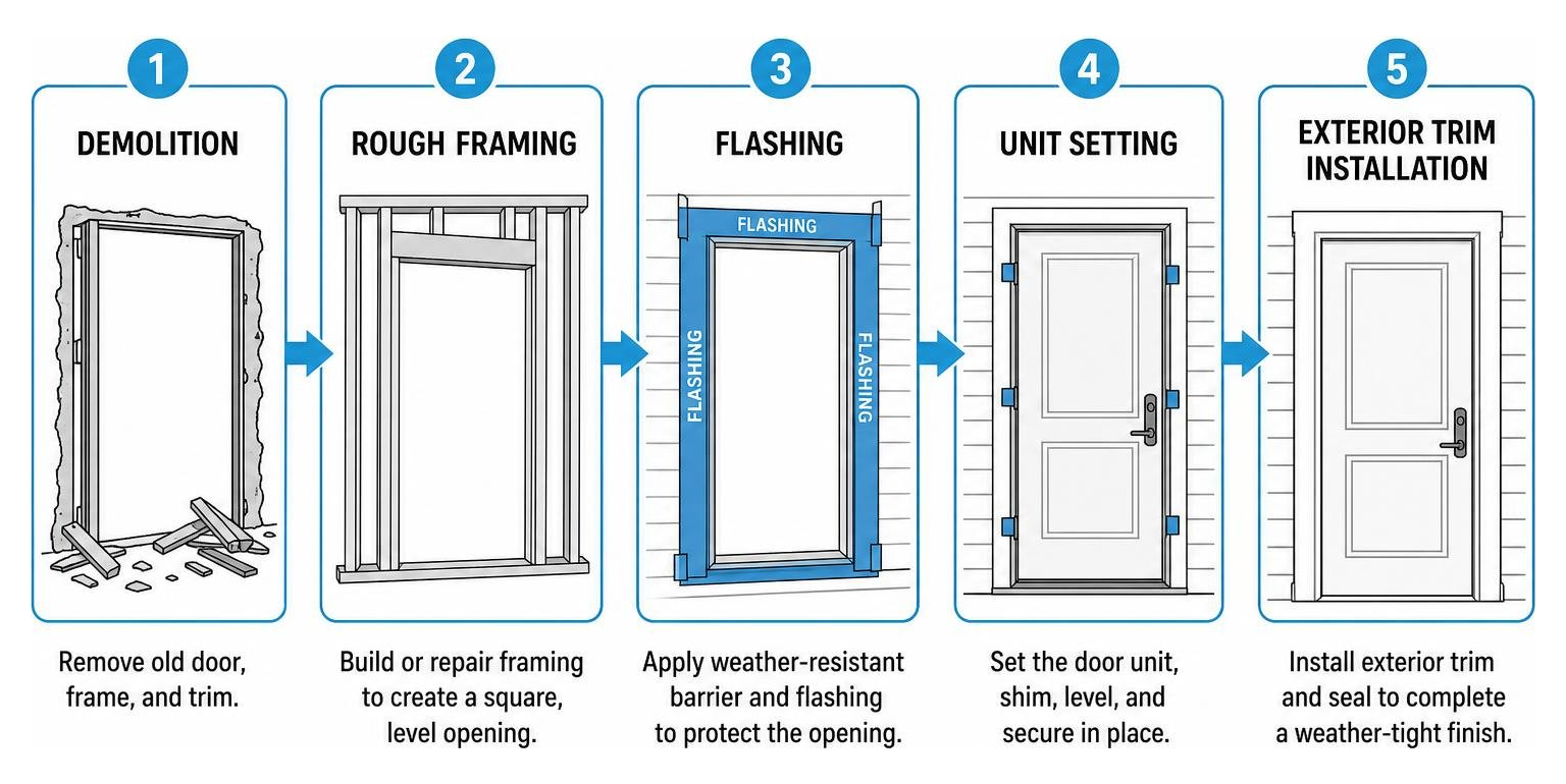 Process sequence showing demolition rough framing flashing unit setting and exterior trim installation