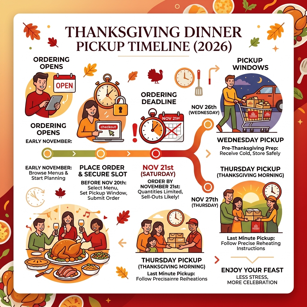 Thanksgiving dinner pickup ordering timeline infographic with deadlines and pickup windows - Thanksgiving dinner pickup