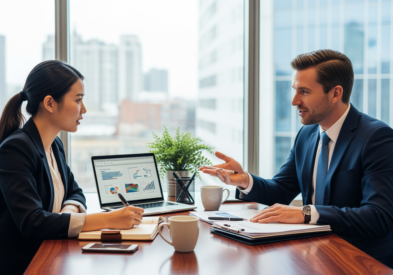 An alumnus mentoring a student in a professional setting - Student and Alumni Engagement