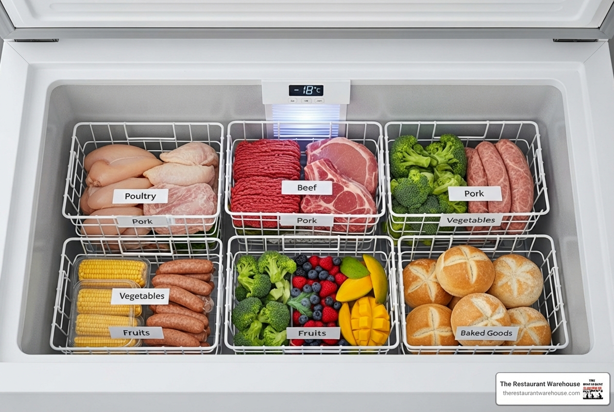 organized chest freezer with labeled baskets