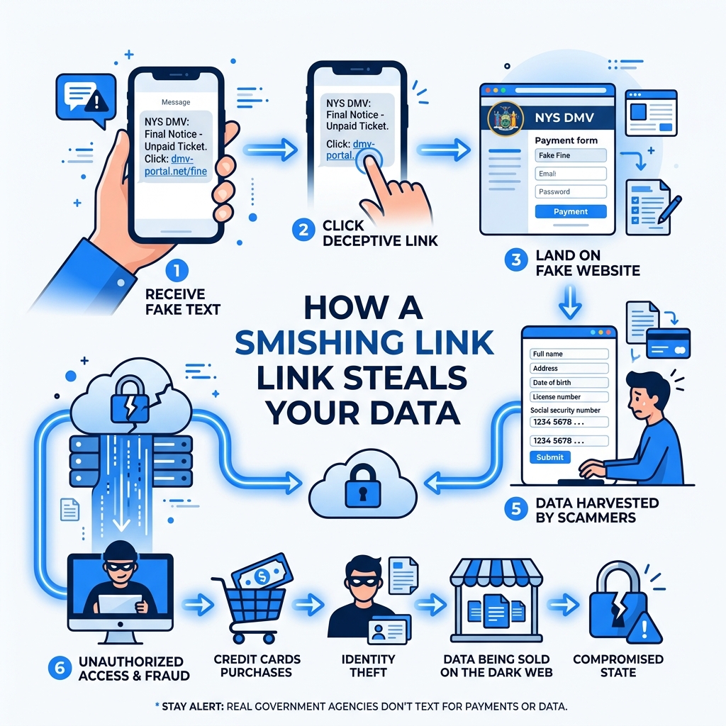 Infographic showing how a smishing link steals personal data step by step - NYS DMV scam text infographic Infographic showing how a smishing link steals personal data step by step - NYS DMV scam text infographic