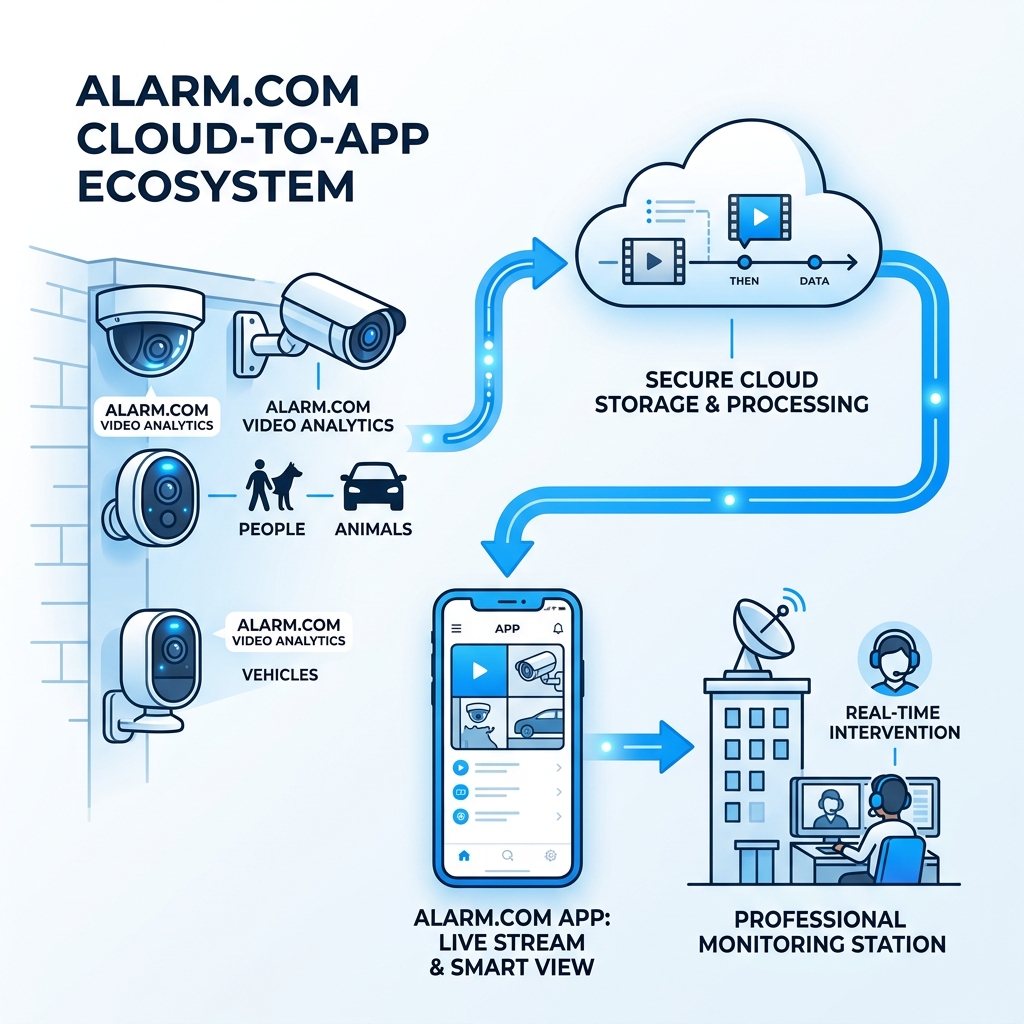 Alarm.com cloud-to-app ecosystem showing cameras, cloud storage, app, and professional monitoring flow - alarm com video