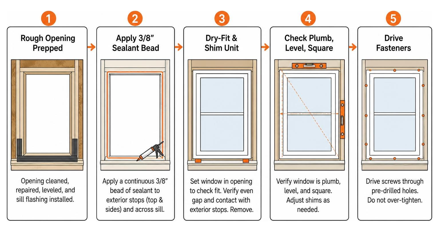 Diagram showing the sequential steps of physical window installation from rough opening prep to final fastening
