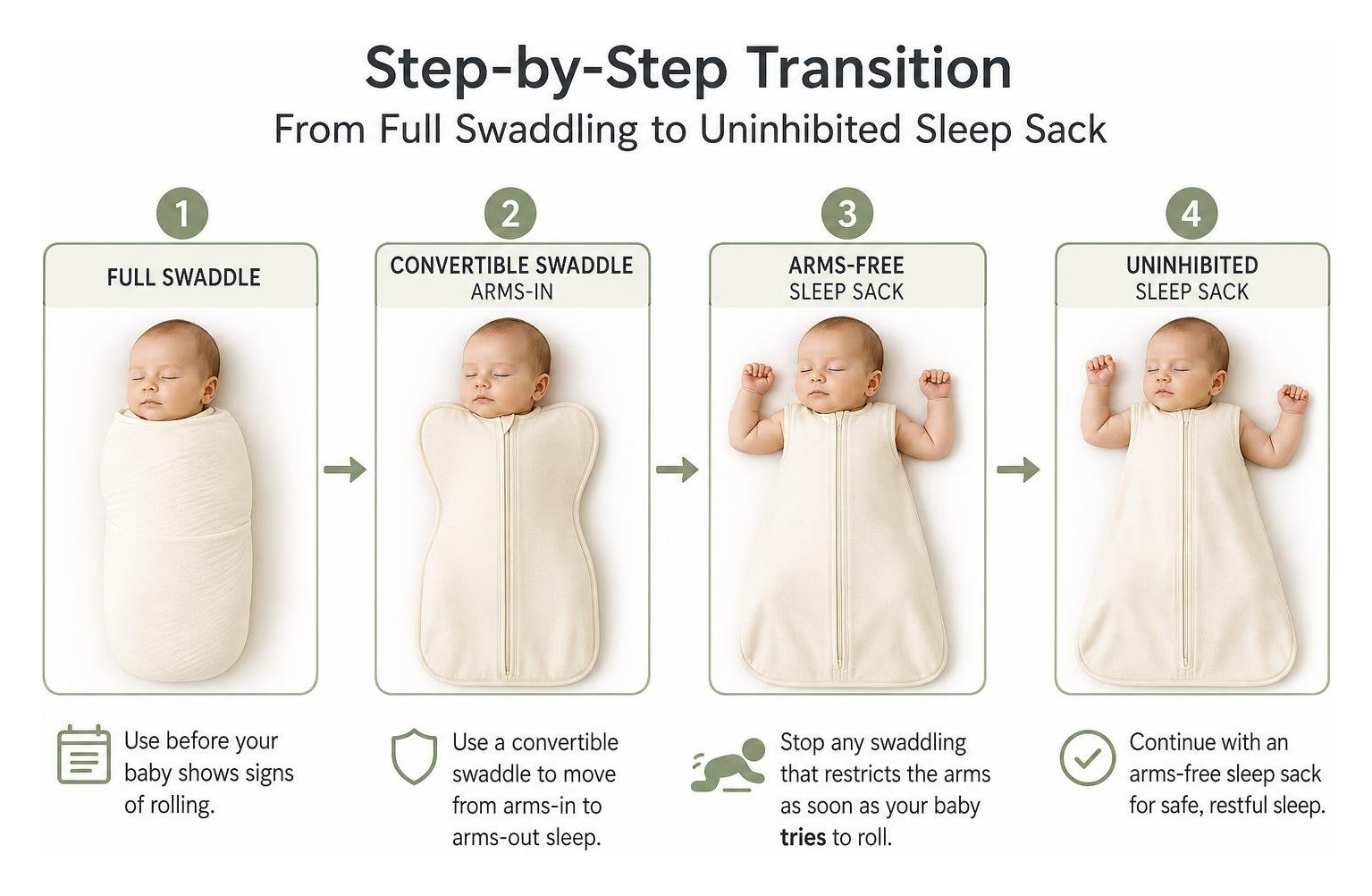 Step-by-step transition stages from full swaddling to uninhibited sleep sack Step-by-step transition stages from full swaddling to uninhibited sleep sack