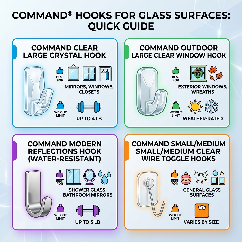 Infographic showing Command hook types for glass surfaces with weight limits and best use cases - command hooks for glass