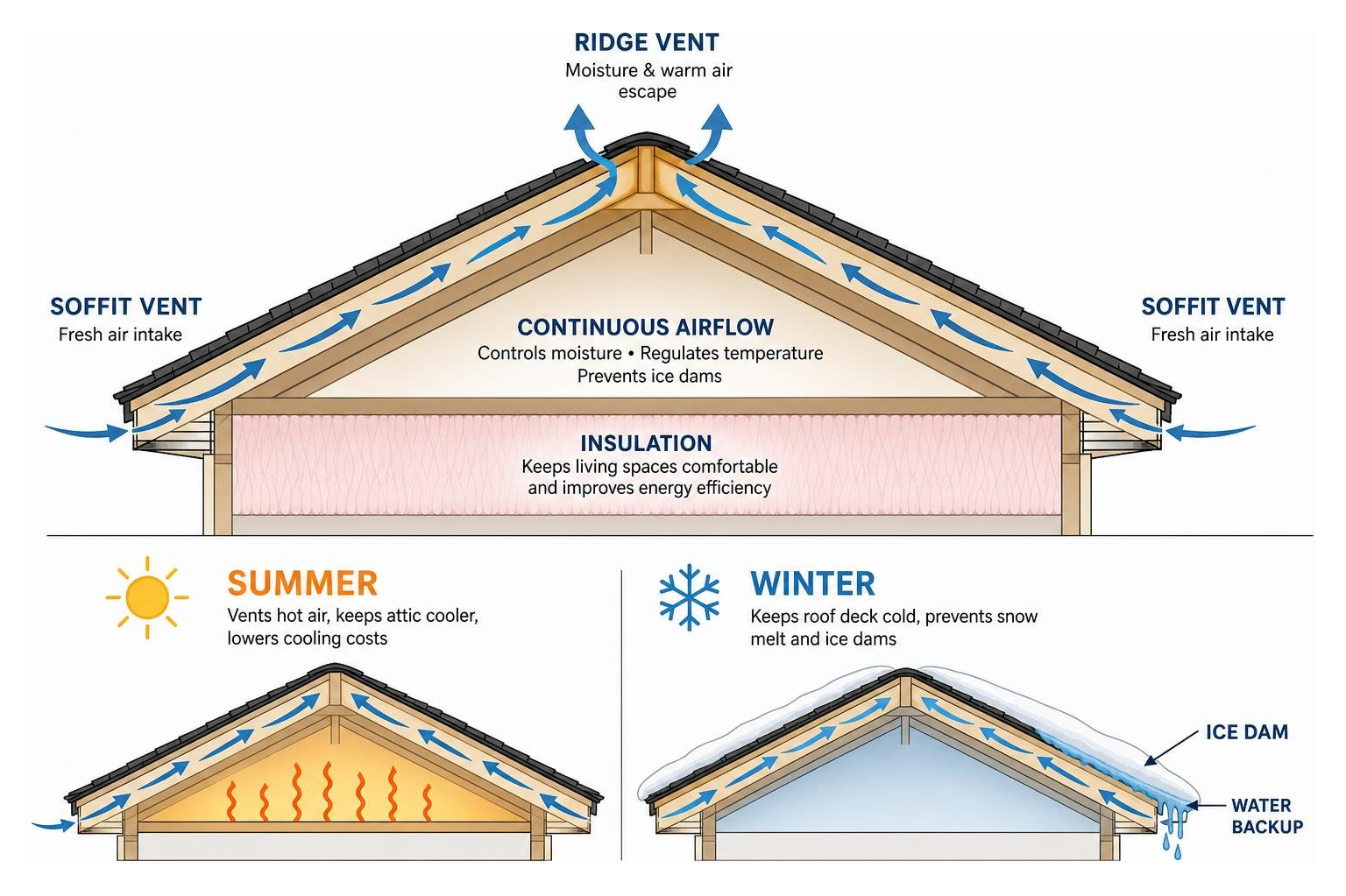 Attic ventilation and airflow diagram showing moisture control and ice dam prevention Attic ventilation and airflow diagram showing moisture control and ice dam prevention