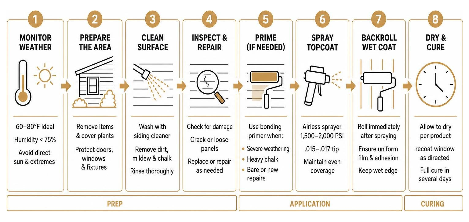 Diagram showing the step-by-step professional process for repainting vinyl siding from prep to curing