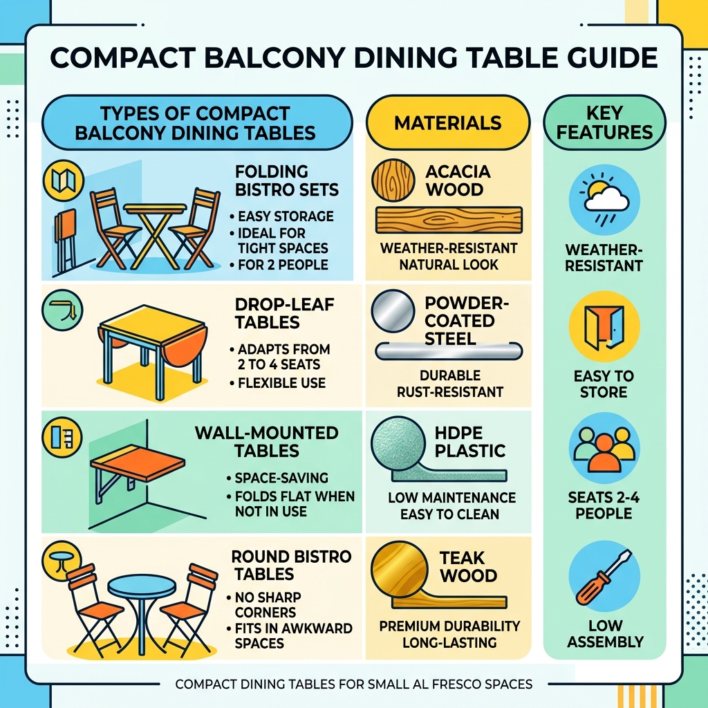 Infographic showing types of compact balcony dining tables, materials, and key features at a glance - compact balcony dining