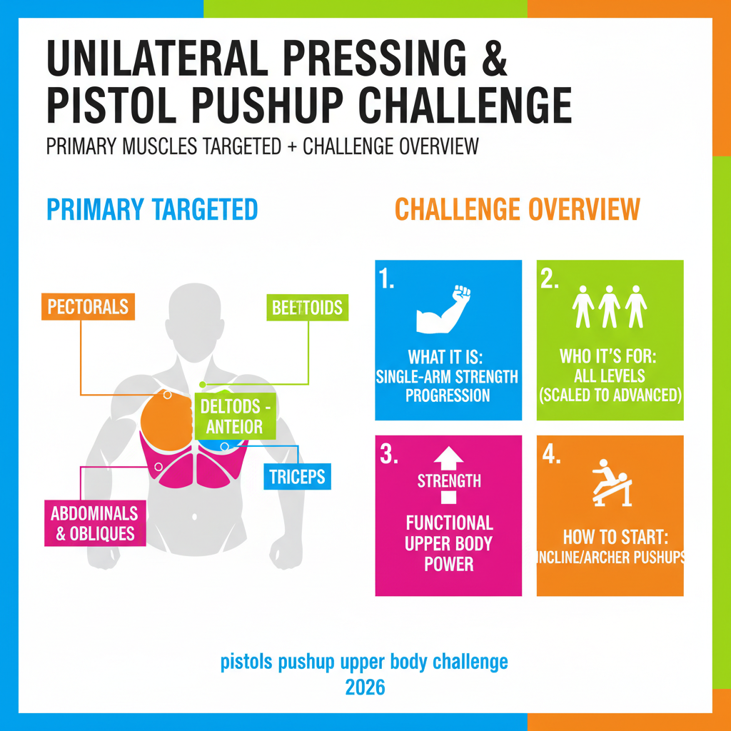 Primary muscles targeted in unilateral pressing and pistol pushup challenge overview - pistol pushup upper body challenge