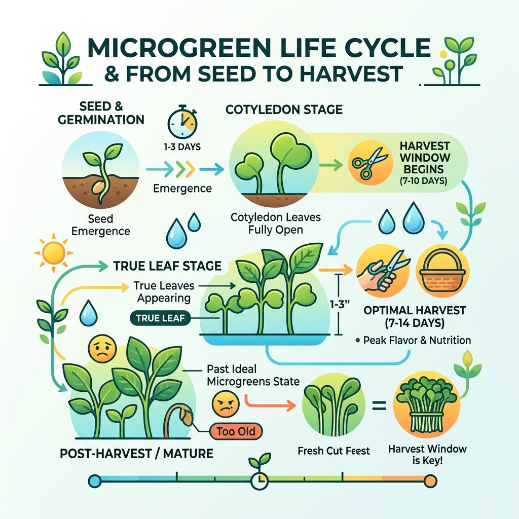 Microgreen life cycle from seed to germination, cotyledon stage, true leaf, and harvest - microgreens harvest time guide