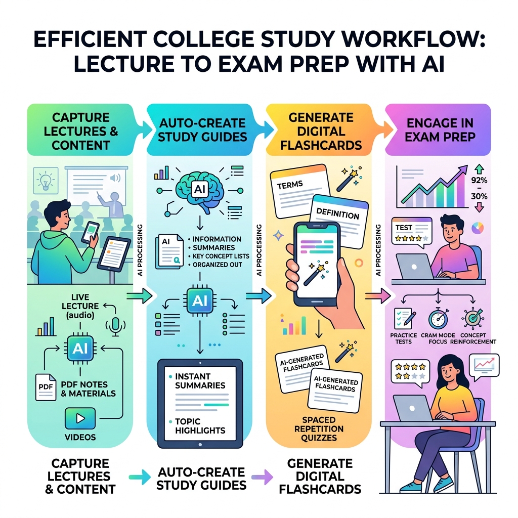 AI-powered college study workflow from lecture to flashcards to exam prep - ai tools for college infographic AI-powered college study workflow from lecture to flashcards to exam prep - ai tools for college infographic