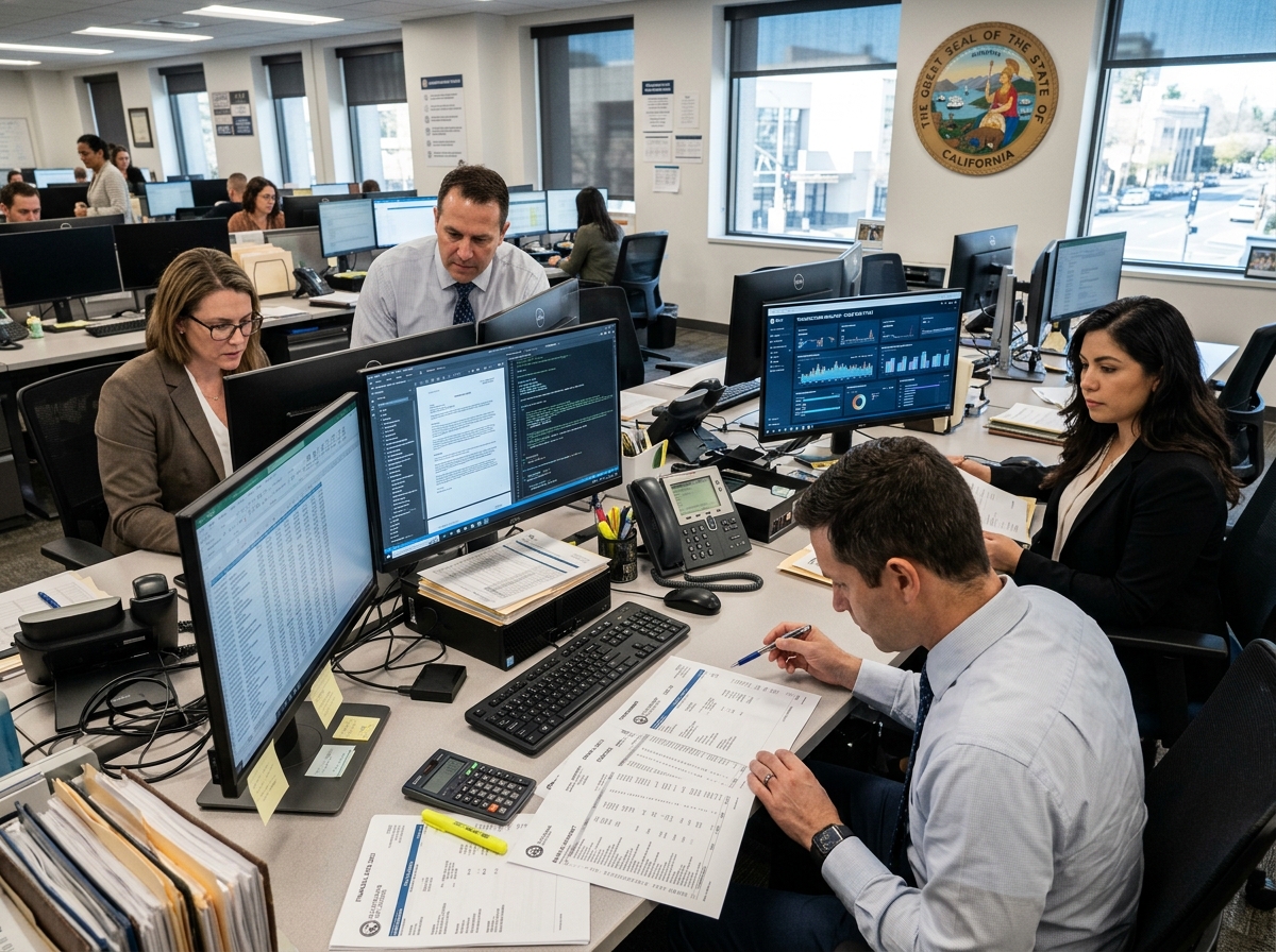 Investigators analyzing digital data and financial records - California fraud investigation