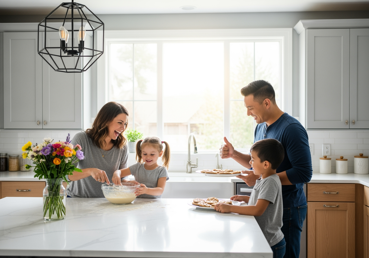beautifully renovated kitchen with a happy family - home renovation project management