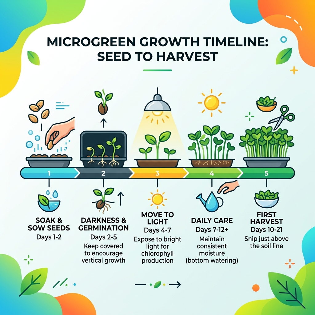 Microgreen growth timeline from seed to first harvest infographic - growing micro salad infographic Microgreen growth timeline from seed to first harvest infographic - growing micro salad infographic