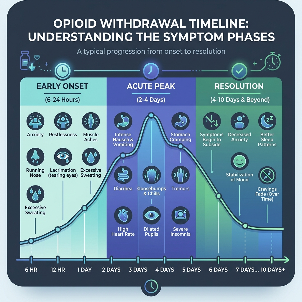 Opioid withdrawal timeline infographic showing symptom phases from early onset to acute peak to resolution - Opioid withdraw