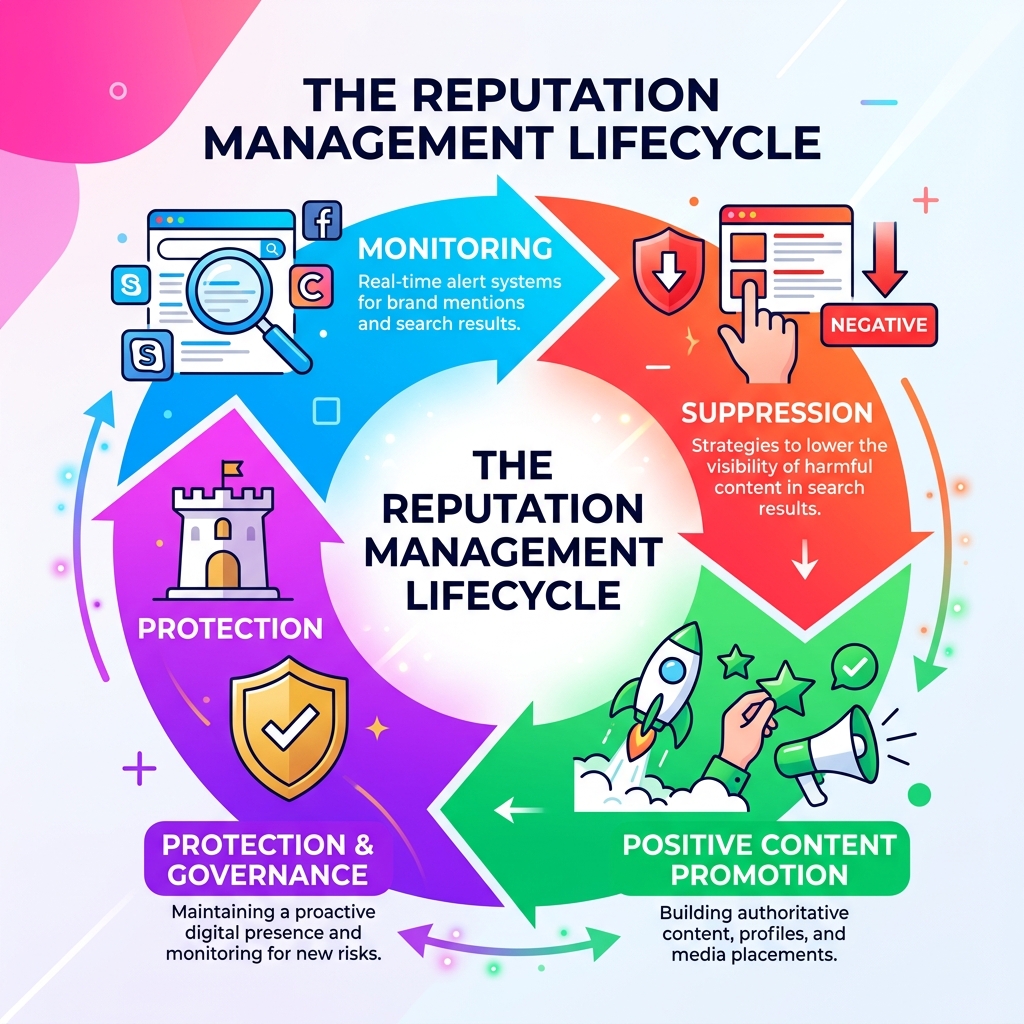 Reputation management lifecycle from monitoring to suppression to positive content promotion - expert reputation management