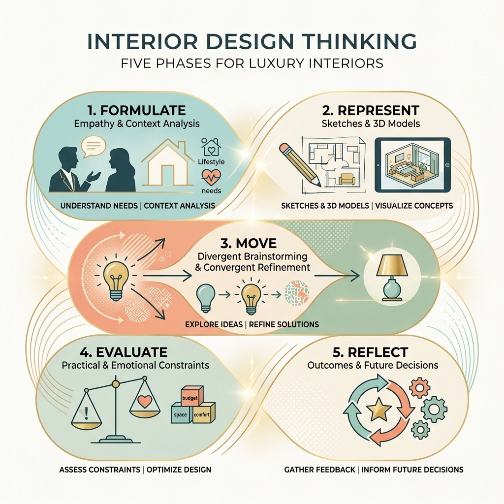 infographic showing the five phases of interior design thinking: formulating with empathy and context analysis, representing through sketches and 3D models, moving between divergent brainstorming and convergent refinement, evaluating against practical and emotional constraints, and reflecting on outcomes to inform future decisions - interior design thinking infographic infographic showing the five phases of interior design thinking: formulating with empathy and context analysis, representing through sketches and 3D models, moving between divergent brainstorming and convergent refinement, evaluating against practical and emotional constraints, and reflecting on outcomes to inform future decisions - interior design thinking infographic