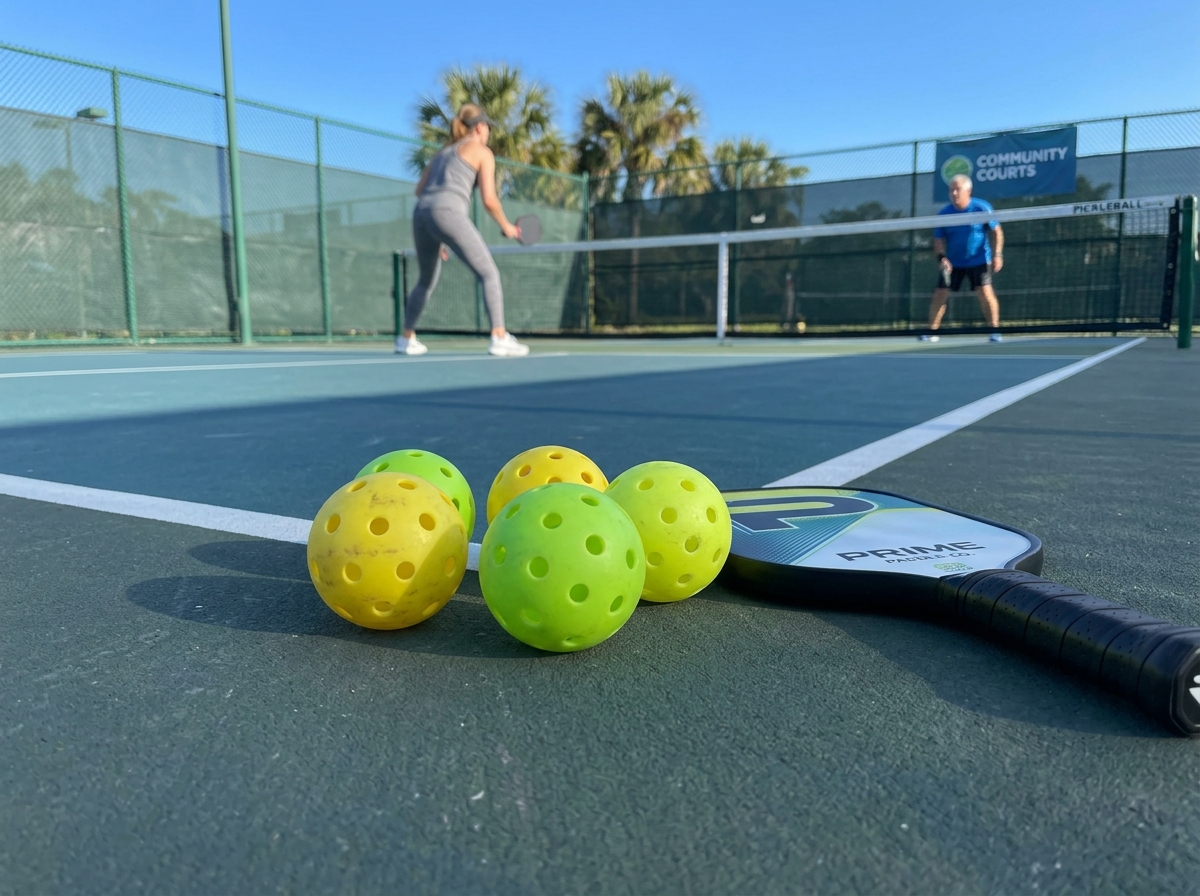 Neon green pickleballs on a court for high visibility - beginner pickleball ball reviews Neon green pickleballs on a court for high visibility - beginner pickleball ball reviews