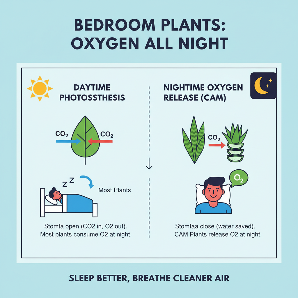 Infographic comparing daytime photosynthesis vs CAM nighttime oxygen release in bedroom plants - bedroom plants for oxygen Infographic comparing daytime photosynthesis vs CAM nighttime oxygen release in bedroom plants - bedroom plants for oxygen