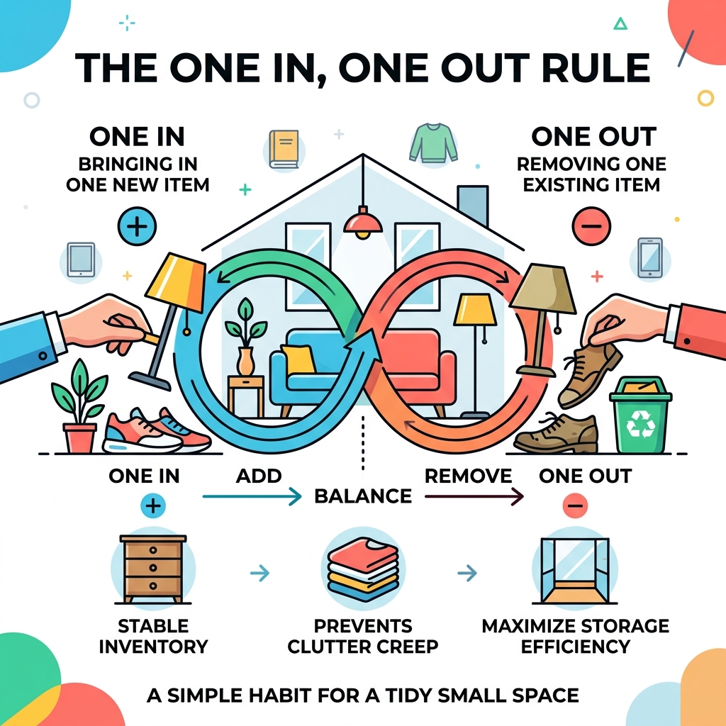 The One In One Out Rule infographic - compact furniture storage ideas infographic 