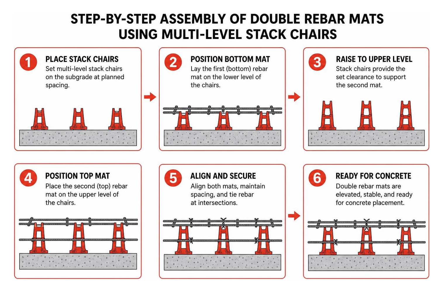Step-by-step assembly of double rebar mats using multi-level stack chairs