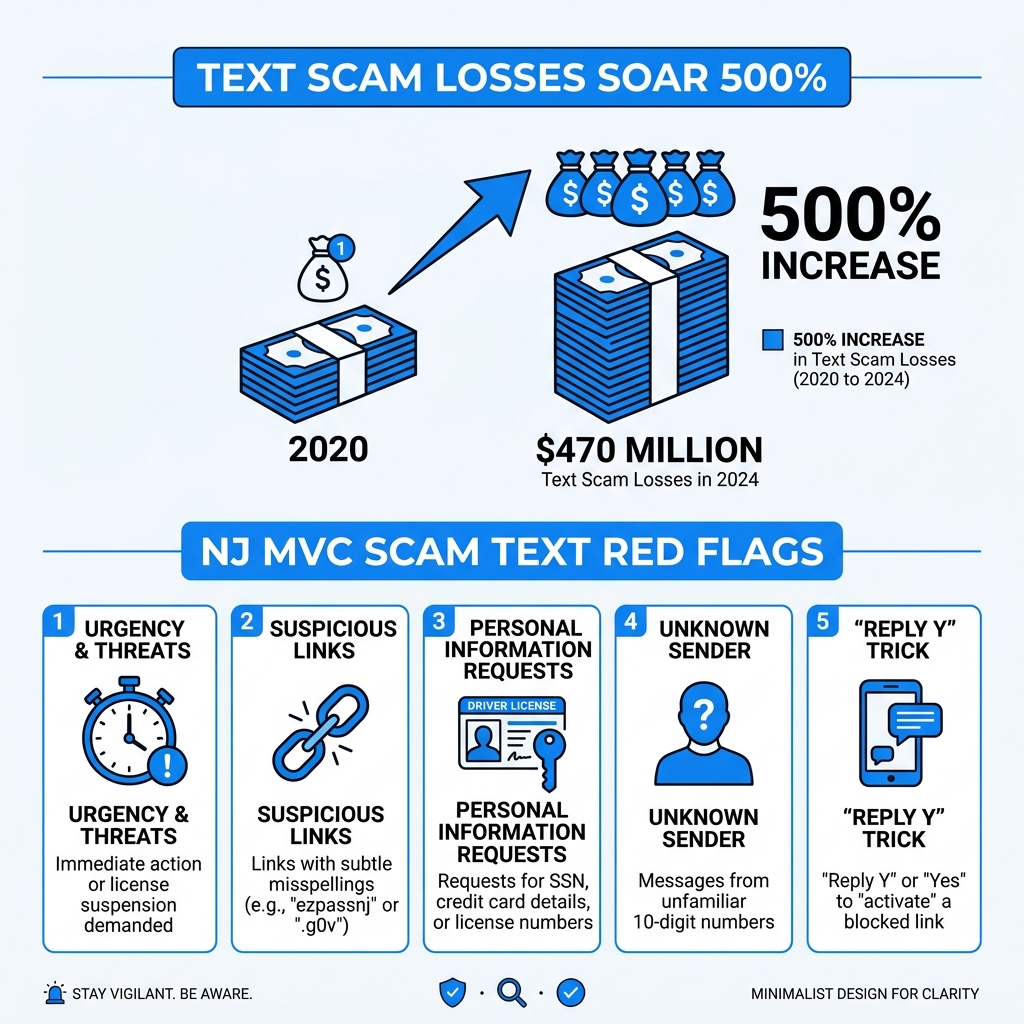 Infographic showing 500% increase in text scam losses from 2020 to 2024 and NJ MVC scam text red flags - nj mvc scam text Infographic showing 500% increase in text scam losses from 2020 to 2024 and NJ MVC scam text red flags - nj mvc scam text