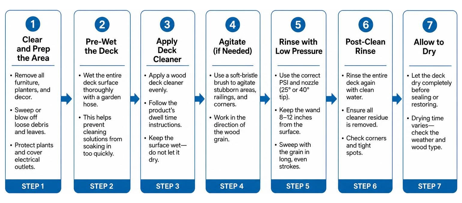 Diagram: Step-by-step deck preparation and cleaning workflow Diagram: Step-by-step deck preparation and cleaning workflow