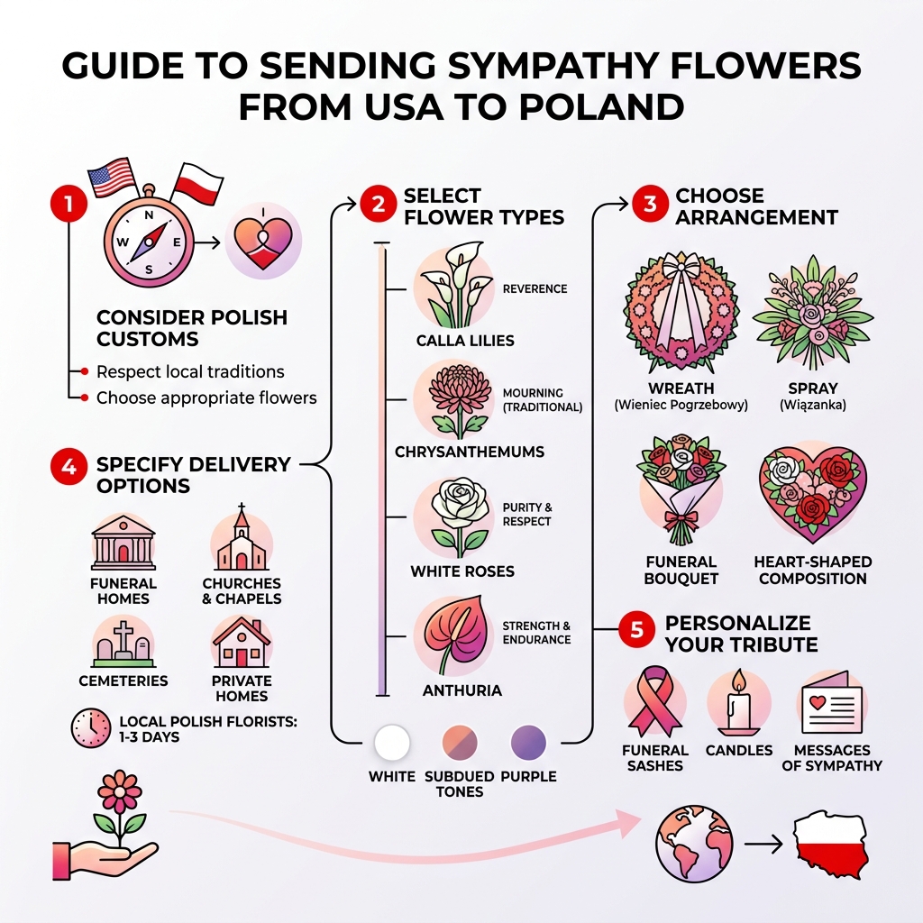 Infographic showing steps for sending sympathy flowers from USA to Poland with flower types and delivery options - sympathy Infographic showing steps for sending sympathy flowers from USA to Poland with flower types and delivery options - sympathy