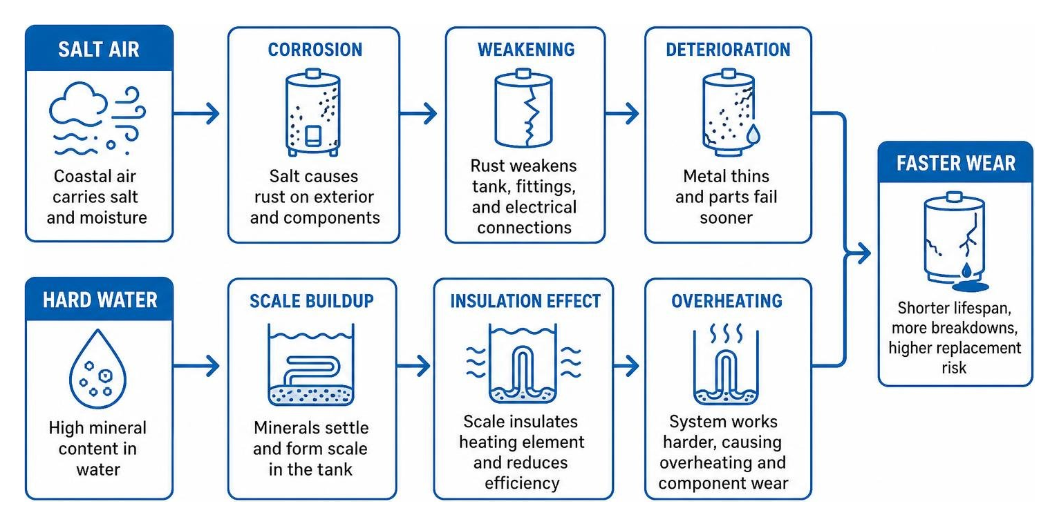 diagram showing how salt air and hard water accelerate water heater wear