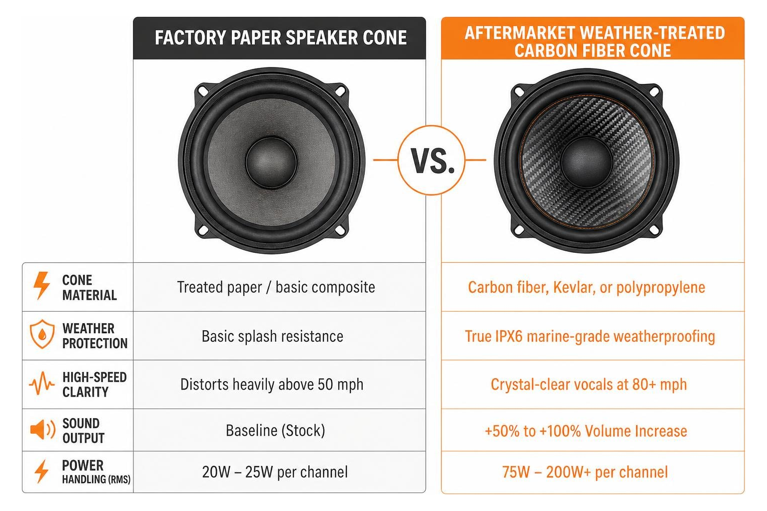 Comparison of factory paper speaker cone versus aftermarket weather-treated carbon fiber cone