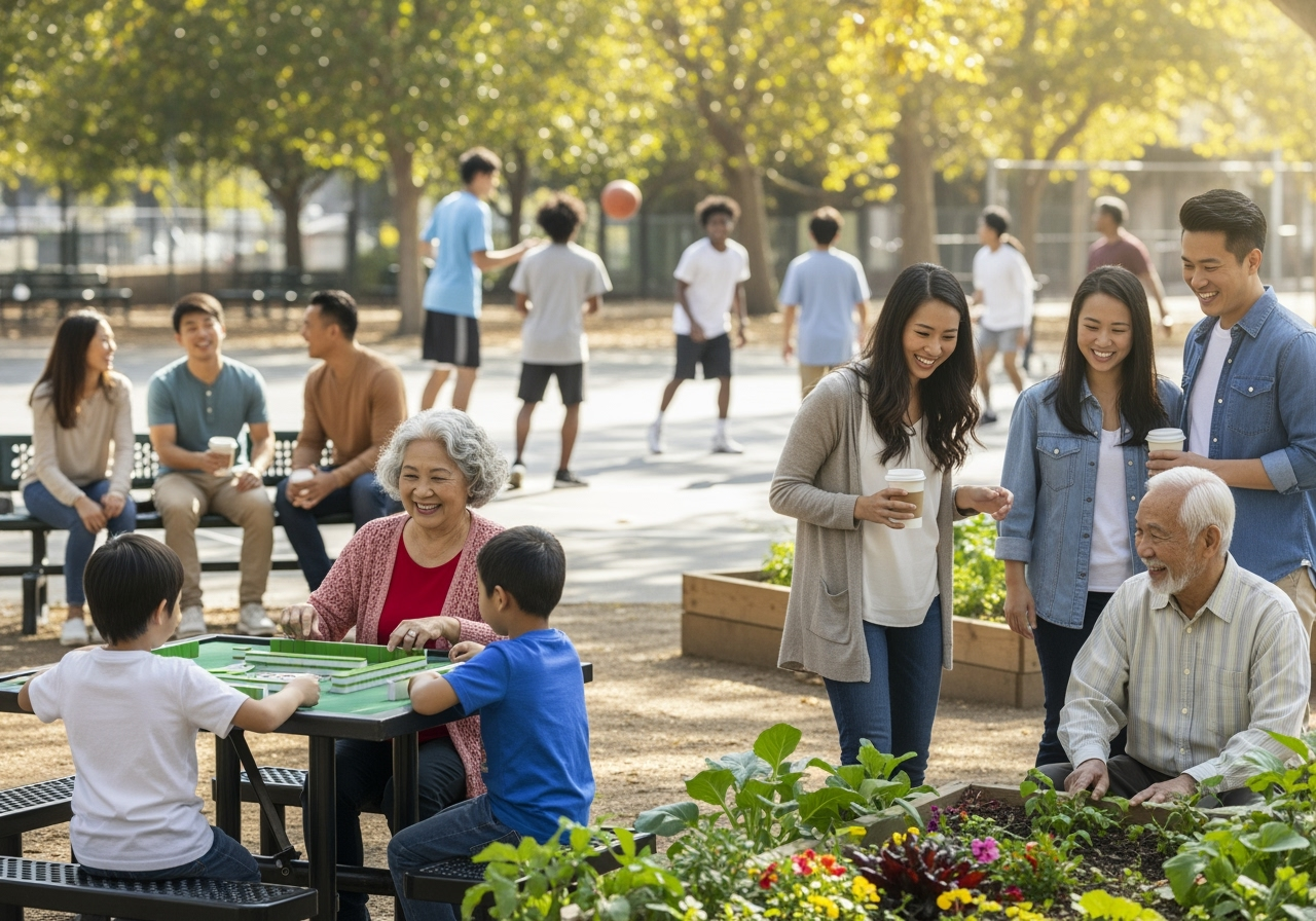 A diverse group of Asian-Americans in a supportive community setting - California mental health