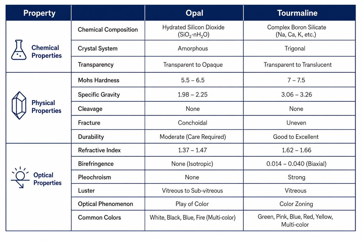 Table comparing the chemical, physical, and optical properties of opal and tourmaline Table comparing the chemical, physical, and optical properties of opal and tourmaline