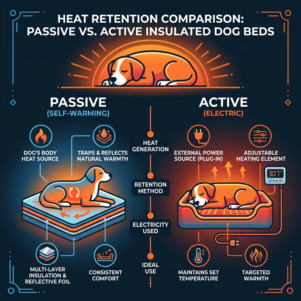 Passive vs active insulated dog bed heat retention comparison infographic - Insulated dog bed infographic Passive vs active insulated dog bed heat retention comparison infographic - Insulated dog bed infographic