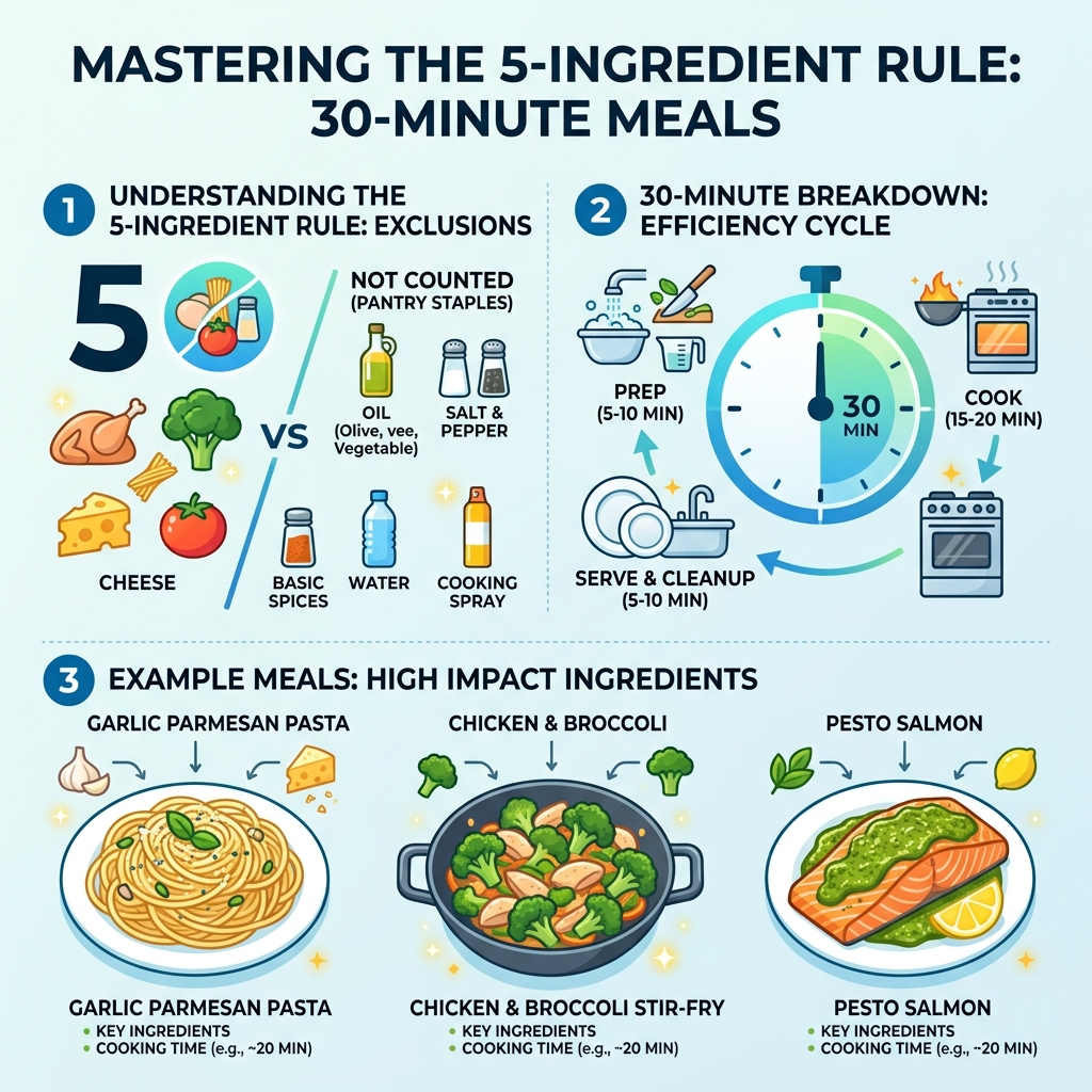 Infographic showing the 5-ingredient rule: pantry staples excluded, 30-minute breakdown, and example meals - 30 minute 5 Infographic showing the 5-ingredient rule: pantry staples excluded, 30-minute breakdown, and example meals - 30 minute 5