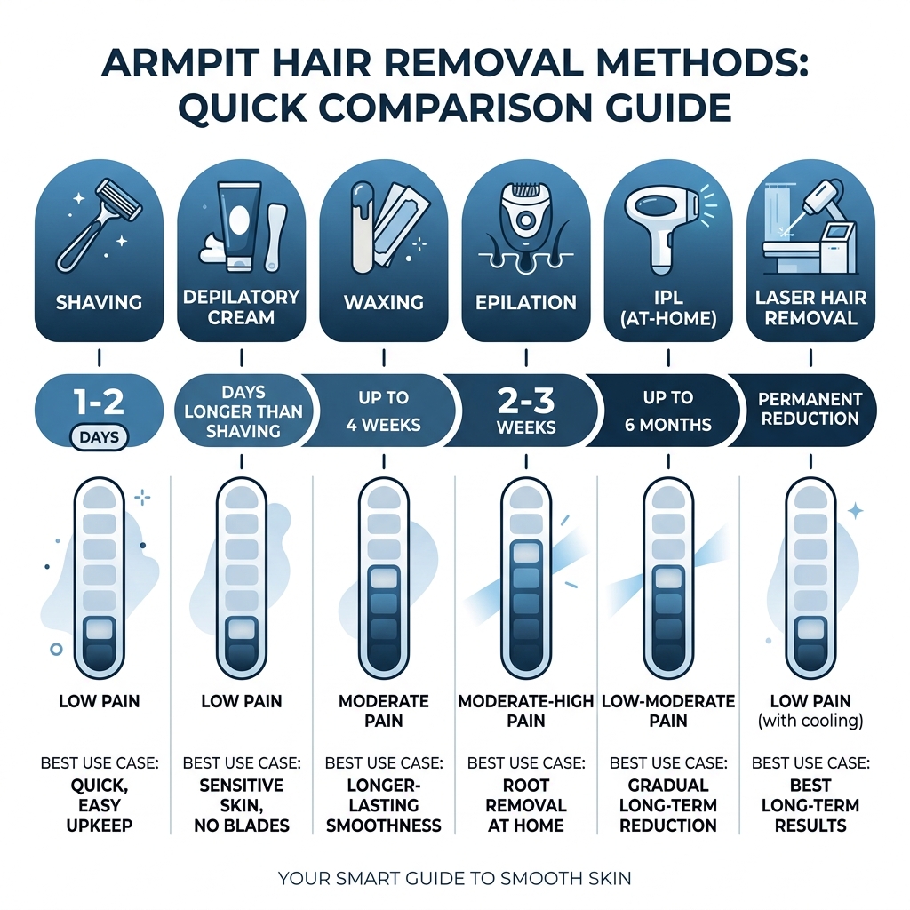 Comparison infographic of armpit hair removal methods showing duration, pain level, and best use case for each - armpit hair