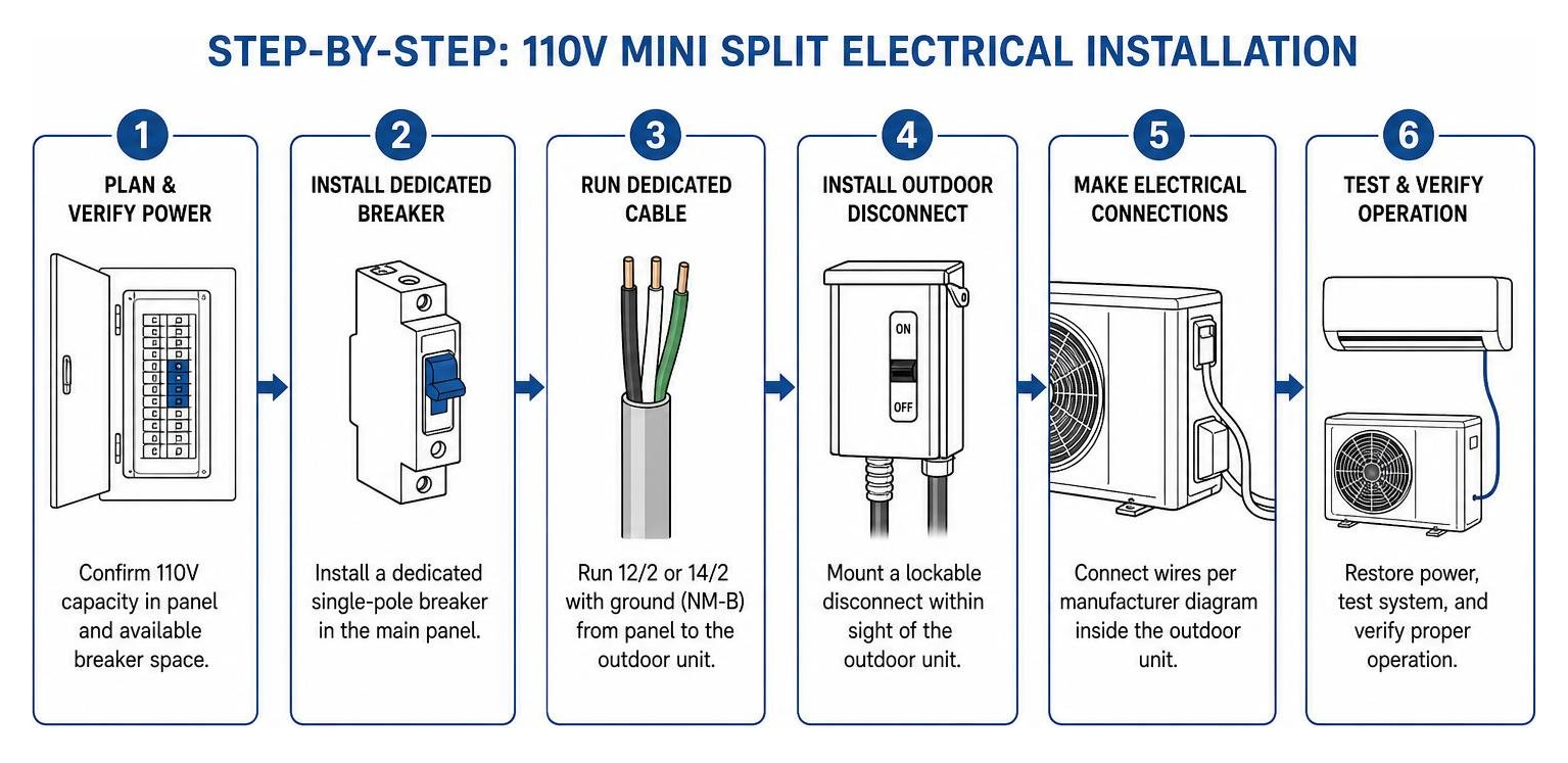 Step-by-step sequence of a professional 110V mini split electrical installation