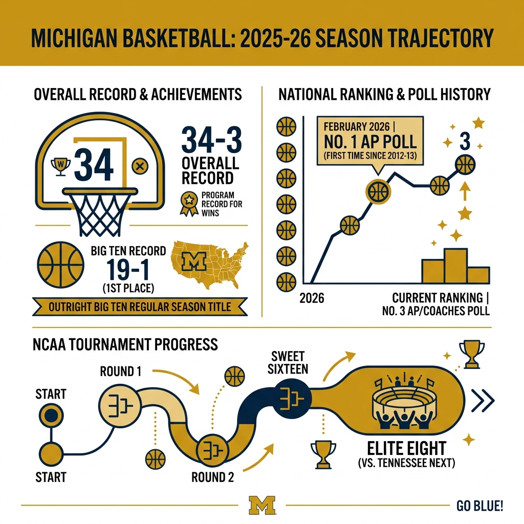 Michigan basketball 2025-26 season trajectory infographic showing record, ranking, and tournament progress - michigan