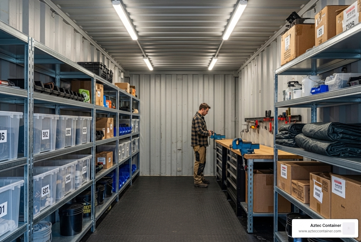 organized container with shelves - square footage of a storage container