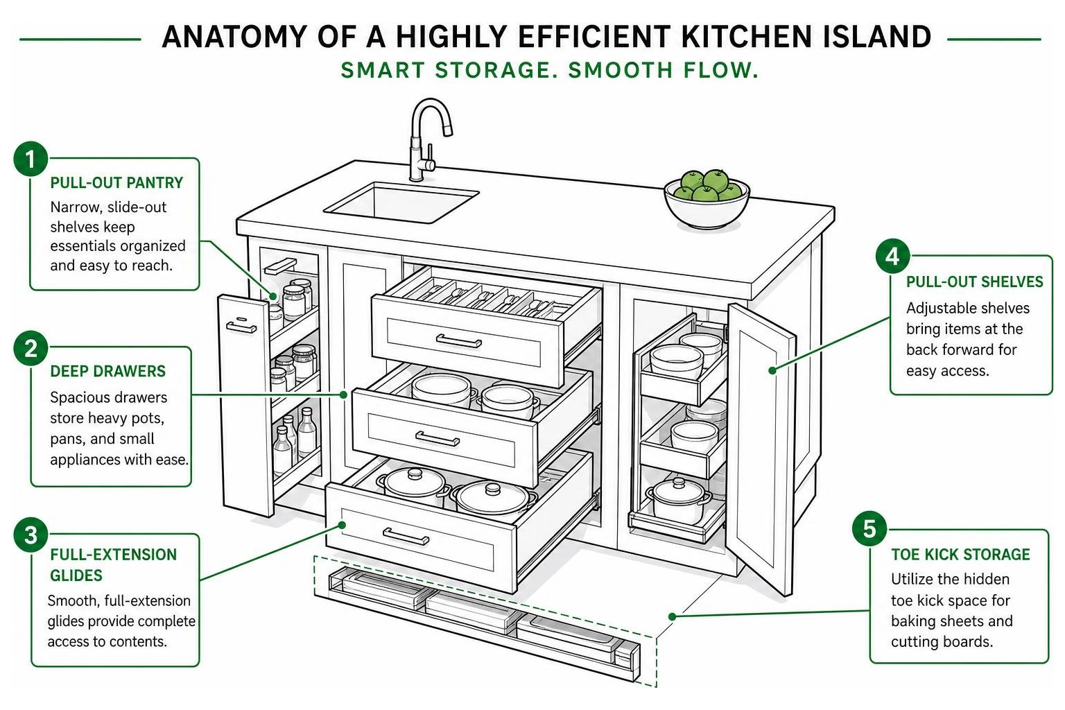 diagram showing the layout of a highly efficient modern kitchen island with built-in storage diagram showing the layout of a highly efficient modern kitchen island with built-in storage